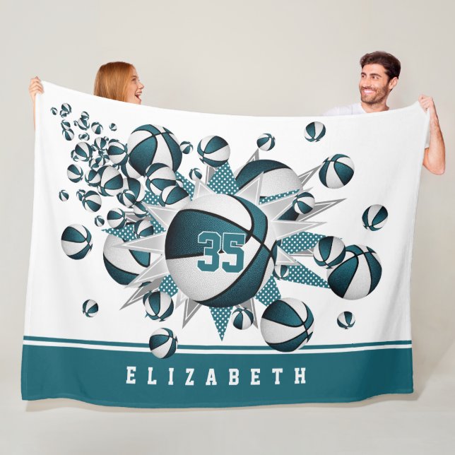 Couverture Polaire filles basketballs étoiles turquoise blanc personn (En situation)