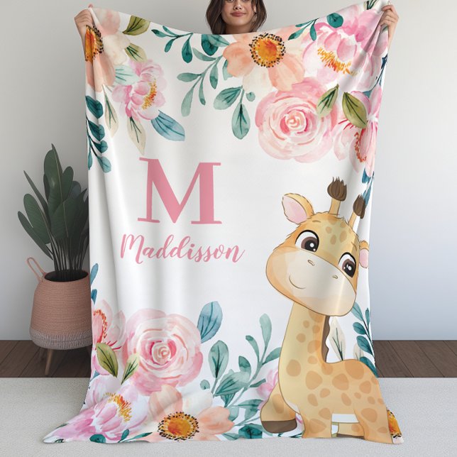 Couverture Polaire Filles Blanket Floral avec Monogramme Giraffe (Girls Blanket Floral with Giraffe Monogram (L))