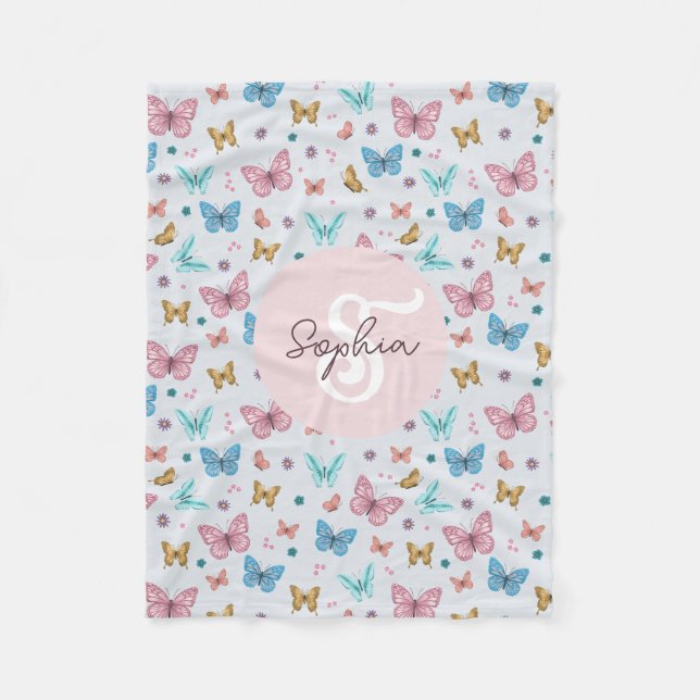 Couverture Polaire Filles mignonne papillon rose enfant Monogramme (Devant)