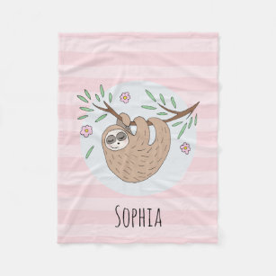 Couverture Polaire Filles mignonne rose couchage Sloth et nom Enfants