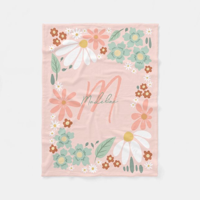 Couverture Polaire Filles Mignonnes Fleurs Rétro Monogramme Rose (Devant)