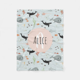 Couverture Polaire Filles Ocean Whale Motif Monogramme Enfants Fle