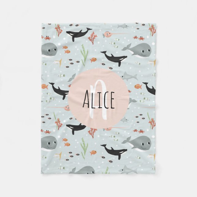 Couverture Polaire Filles Ocean Whale Motif Monogramme Enfants Fle (Devant)