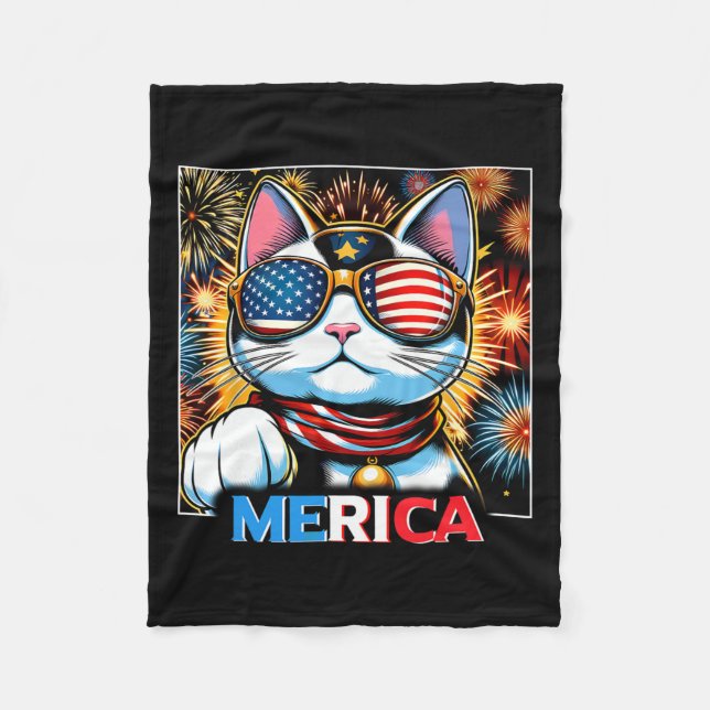 Couverture Polaire Fireworks Patriotique Maneki Neko Chat Merica (Devant)