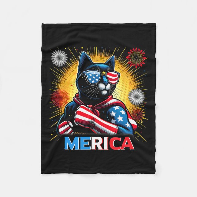 Couverture Polaire Fireworks Us Drapeau Patriotique Chat Noir (Devant)