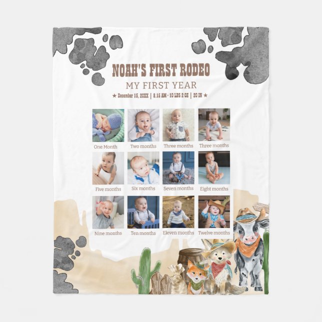 Couverture Polaire First Rodeo Birthday 12 Month Photo Collage  (Devant)