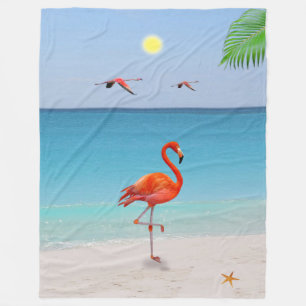 Couverture Polaire Flamant rose corail et feuille de palmier sur la p
