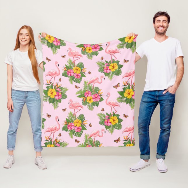 Couverture Polaire Flamant rose et papillons 1 (En situation)