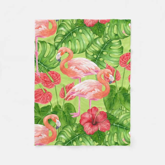 Couverture Polaire Flamant rose et plantes tropicaux (Devant)