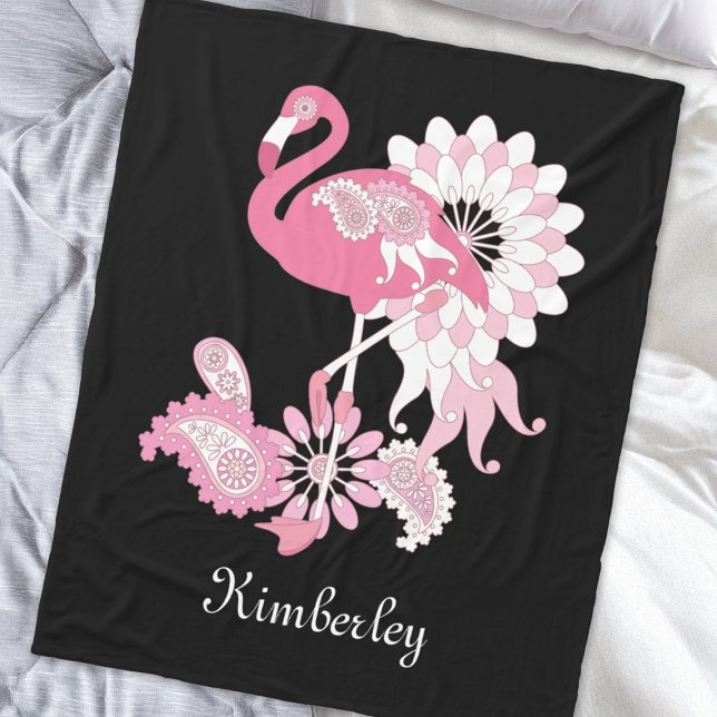 Couverture Polaire Flamant rose moderne noir rose Paisley (Créateur téléchargé)