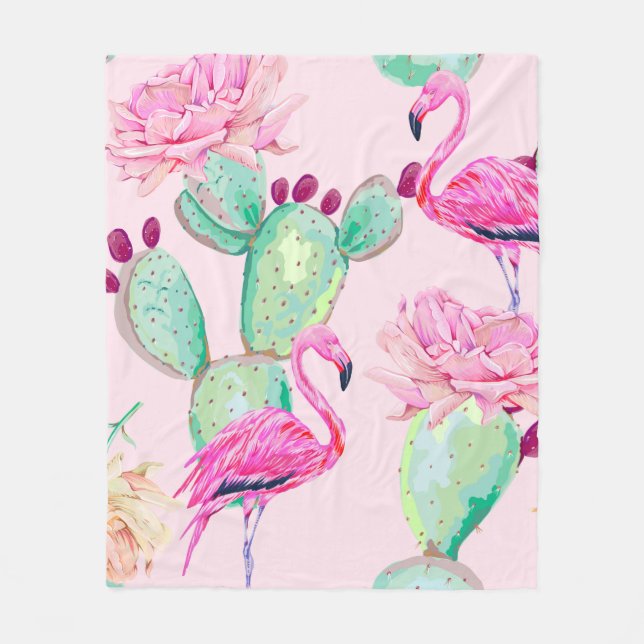Couverture Polaire flamant rose, oiseaux exotiques, fleurs douces, ro (Devant)