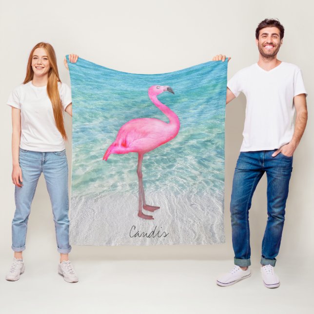 Couverture Polaire Flamant rose rose personnalisé Plage de sable trop (En situation)