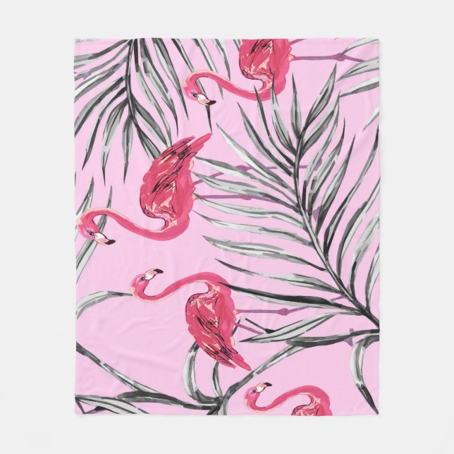 Couverture Polaire Flamants roses, aquarelle tropicale vintage motif. (Devant)