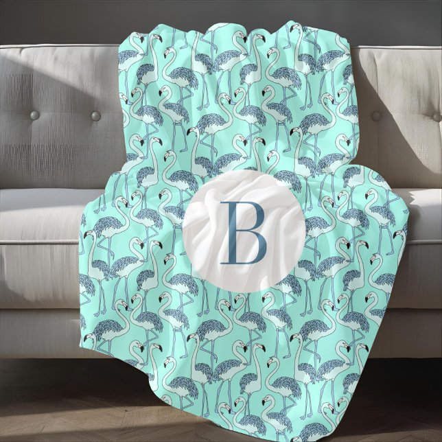 Couverture Polaire Flamants roses bleus de monogramme moderne (Modern Monogram Blue Flamingos Fleece Blanket)