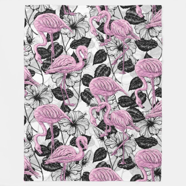 Couverture Polaire Flamants roses et fleurs d'hibiscus (Devant)