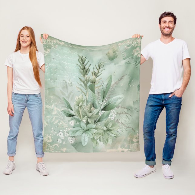 Couverture Polaire Fleur botanique verte menthe vintage (1) (En situation)