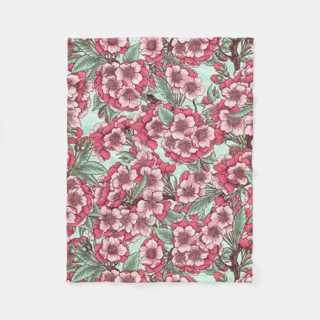 Couverture Polaire Fleur de cerisier rose et menthe (Devant)