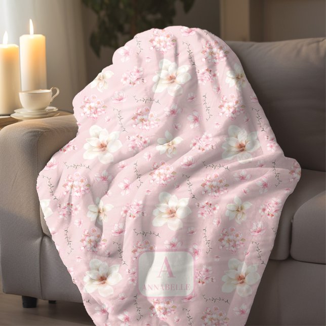 Couverture Polaire Fleur de cerisier Sakura Printemps Monogramme rose (Cherry Blossom Floral Sakura Spring Monogram Pink Fleece Blanket)