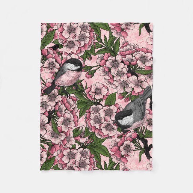 Couverture Polaire Fleur de cerisiers et poulets roses (Devant)