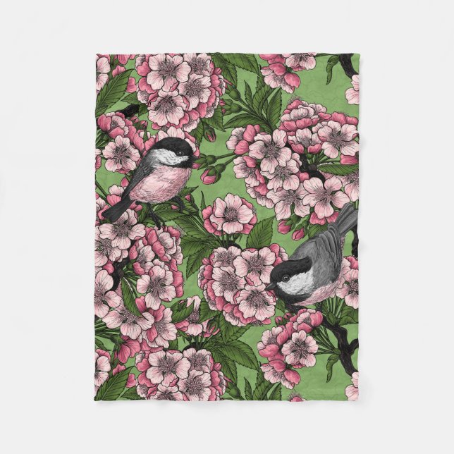 Couverture Polaire Fleur de cerisiers et poulets verts (Devant)