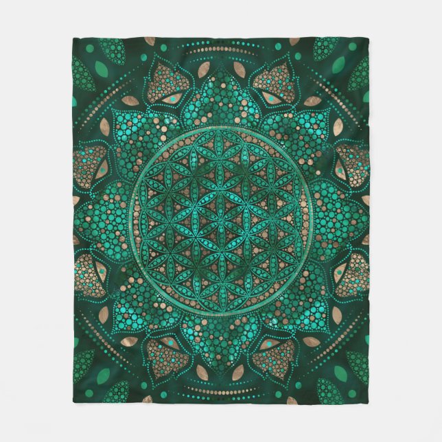 Couverture Polaire Fleur de la vie Point Art malachite or (Devant)