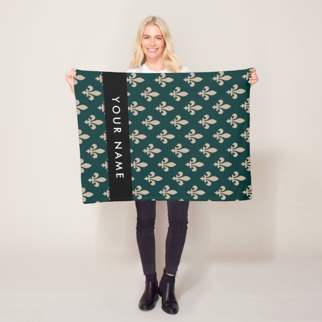 Couverture Polaire Fleur de Lis, Beige sur Vert, Royale, Votre Nom (En situation)