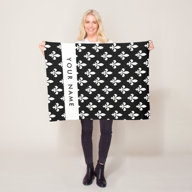 Couverture Polaire Fleur de Lis, Blanc sur Noir, Blanc, Votre Nom (En situation)