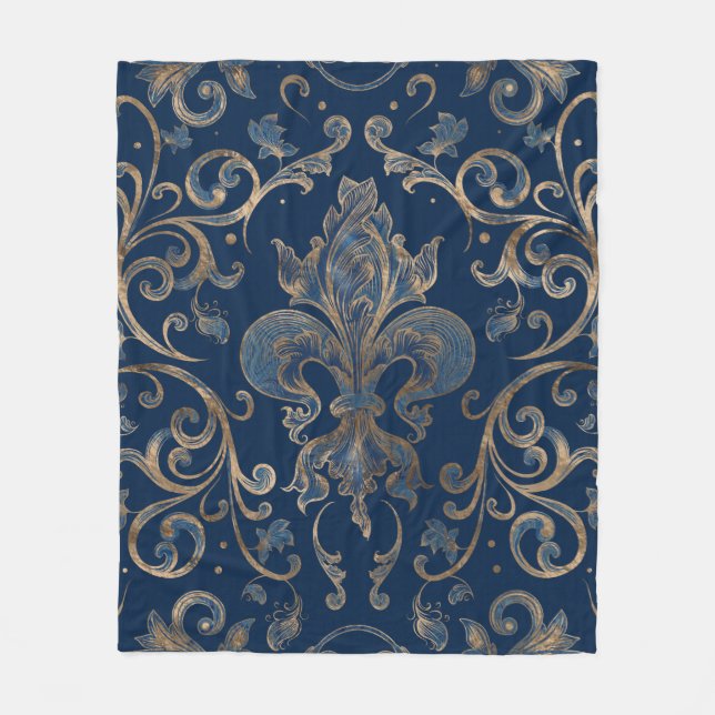 Couverture Polaire Fleur de lis, marbre bleu et or (Devant)