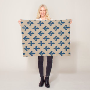 Couverture Polaire Fleur de Lis Motif, Royal French Blue sur Crème