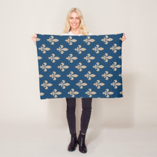 Couverture Polaire Fleur de Lis Motif, Royal French, Crème sur Blue