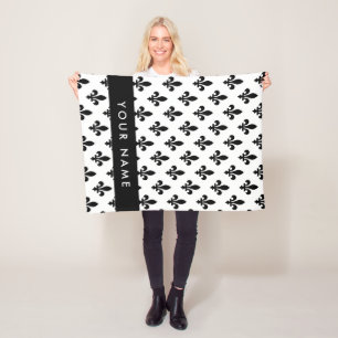 Couverture Polaire Fleur de Lis, Noir sur Blanc, Noir, Votre Nom