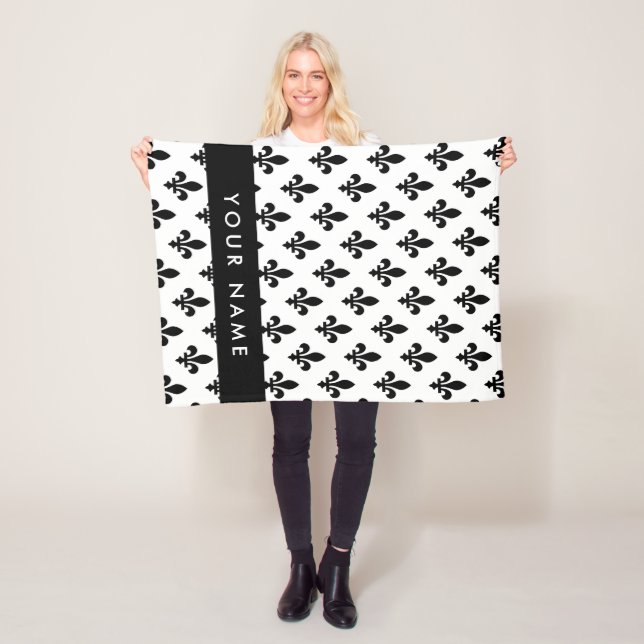 Couverture Polaire Fleur de Lis, Noir sur Blanc, Noir, Votre Nom (En situation)