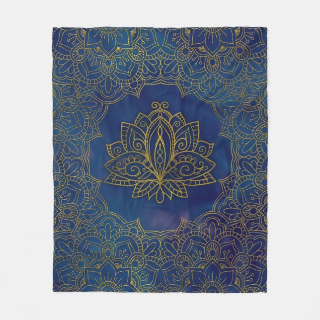 Couverture Polaire Fleur de Lotus élégante d'or sur le bleu (Devant)