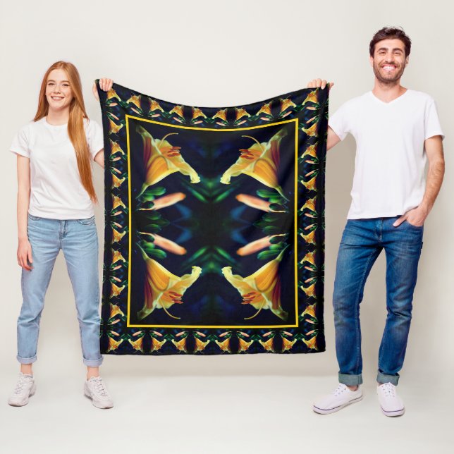 Couverture Polaire Fleur de lys jaune motif d'art abstrait (En situation)