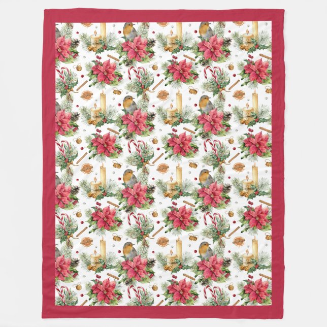 Couverture Polaire Fleur de Noël, oiseaux et bougies (Devant)