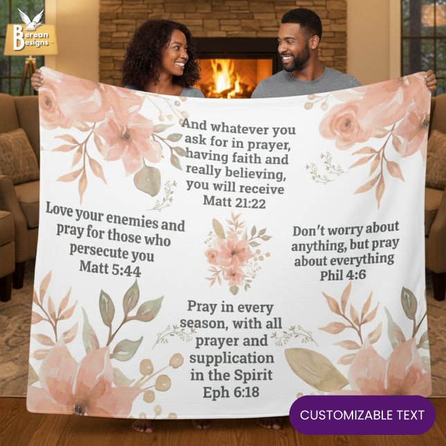 Couverture Polaire Fleur de Pêche Chrétien PRIÈRE  (Christian Scripture Floral Prayer Blanket with CUSTOMIZABLE TEXT to add your favorite Bible verses)