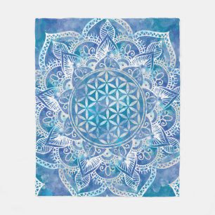 Couverture Polaire Fleur de vie à Lotus - Aquarelle Bleue