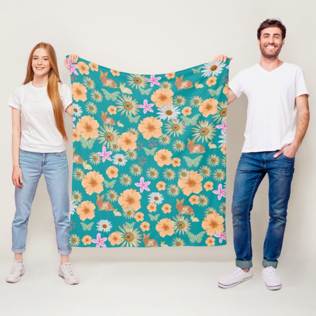 Couverture Polaire Fleur et lapins bleus adorables (En situation)