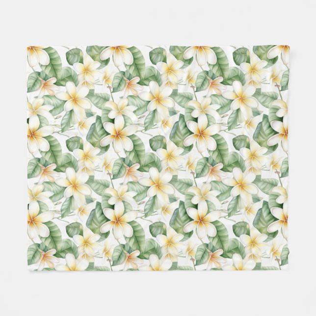 Couverture Polaire Fleur Frangipani Blanc Tropical (Devant (Horizontal))