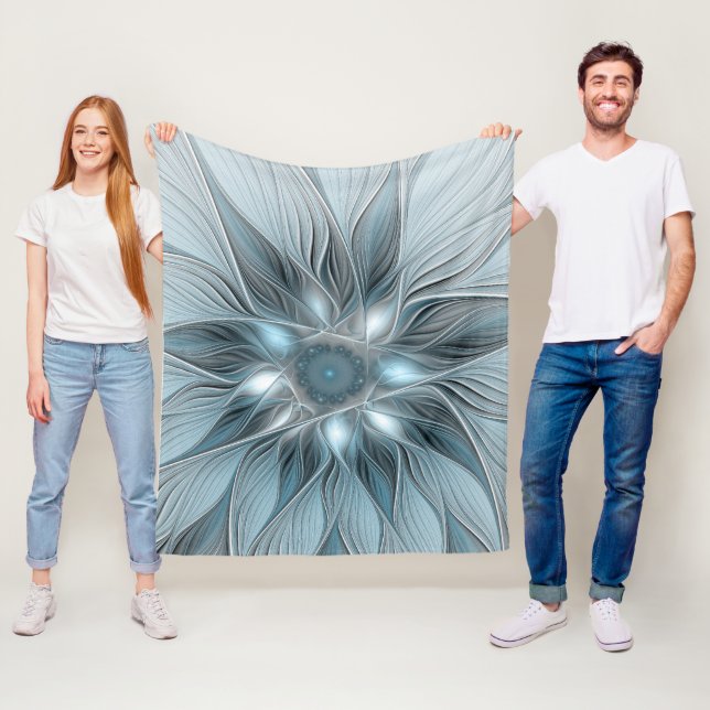 Couverture Polaire Fleur joyeuse abstraite florale fractale bleue gri (En situation)