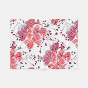 Couverture Polaire Fleur rouge rose sur blanc.