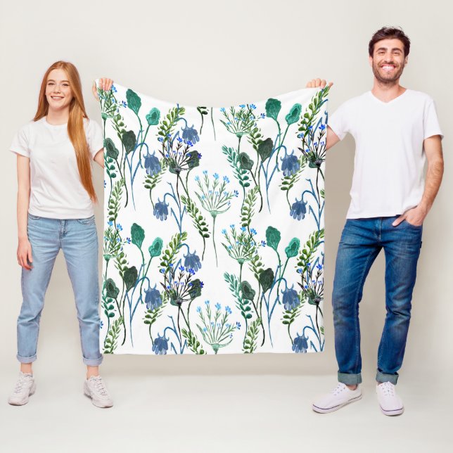 Couverture Polaire Fleur sauvage aquarelle bleu vert  (En situation)