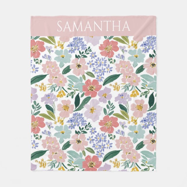 Couverture Polaire Fleur Sauvage Aquarelle Rose Pâle Nom (Devant)