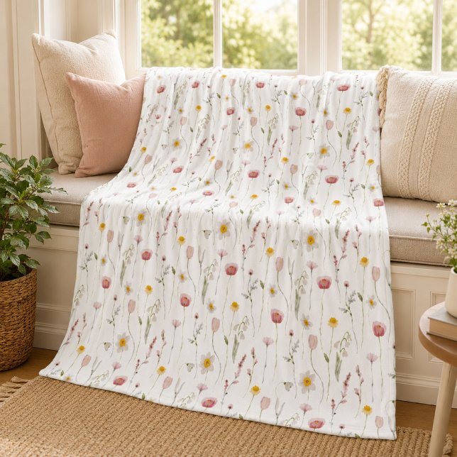Couverture Polaire Fleur sauvage aquarelle rose poussiéreux (Créateur téléchargé)