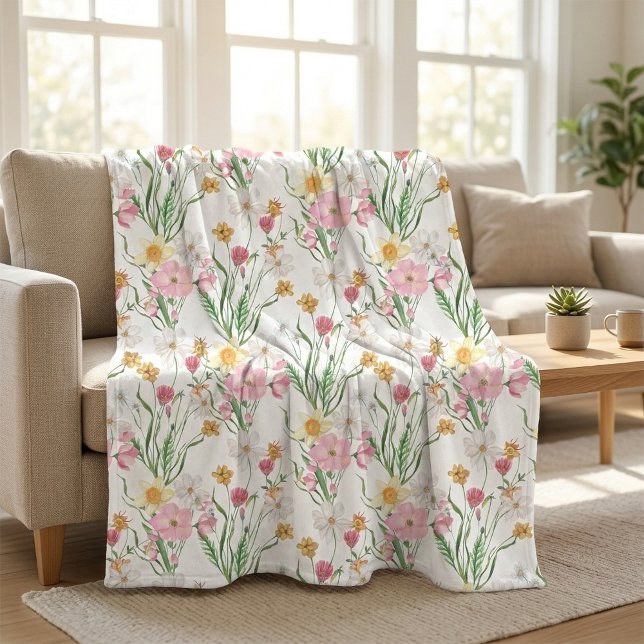 Couverture Polaire Fleur sauvage aquarelle verte rose (Pink Green Watercolor Wildflower Floral Fleece Blanket)