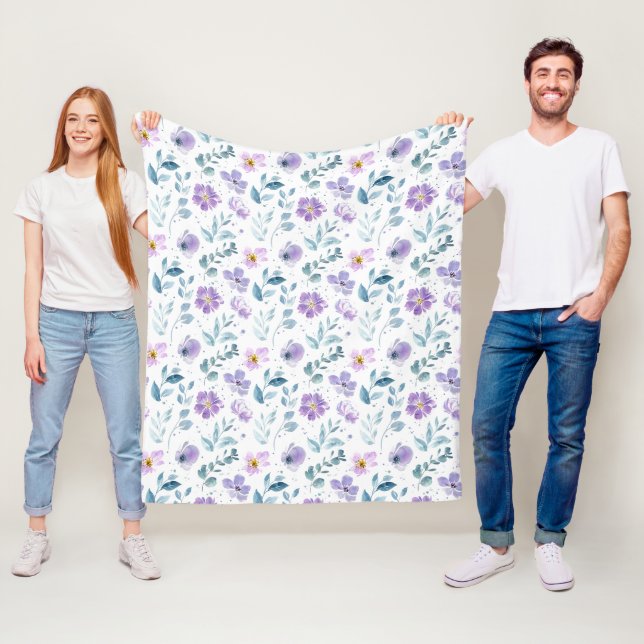 Couverture Polaire Fleur sauvage aquarelle verte violette (En situation)