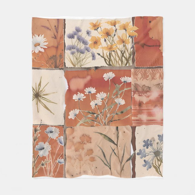 Couverture Polaire Fleur sauvage en terre cuite Patchwork Rustique Bo (Devant)