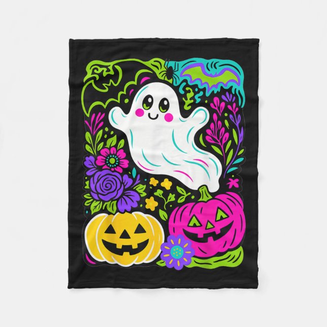 Couverture Polaire Fleur sauvage rétro Boho Ghost Floral Halloween Cu (Devant)