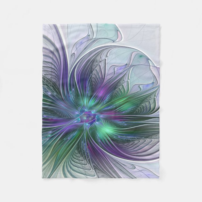 Couverture Polaire Fleur verte abstraite moderne fractale violette (Devant)