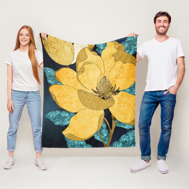 Couverture Polaire Fleuron doré avec Feuilles Turquoises Floral Abstr (En situation)